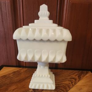 Vintage White Milk Glass Lidded Wedding Cake Or Candy Dish 1950's